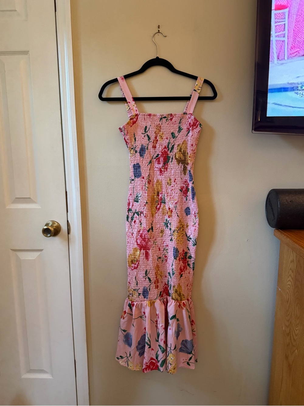 Pink Floral Midi Dress with Ruffle Hem